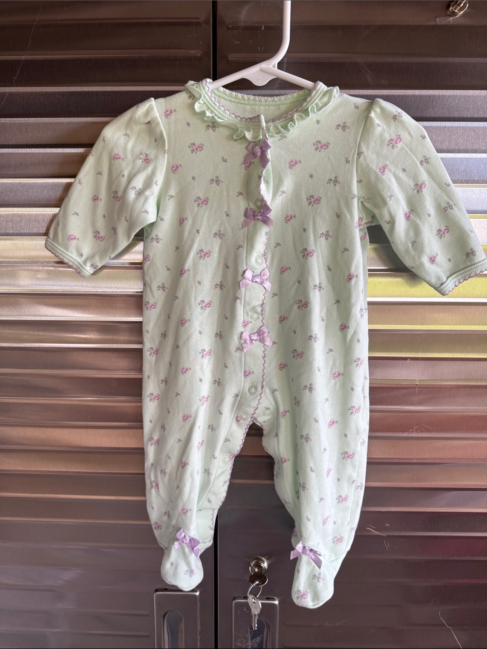 Little Me Mint Green Floral Footed One-Piece with Lavender Bows